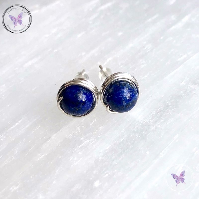 Lapis Lazuli Silver Wire Wrap Stud Earrings